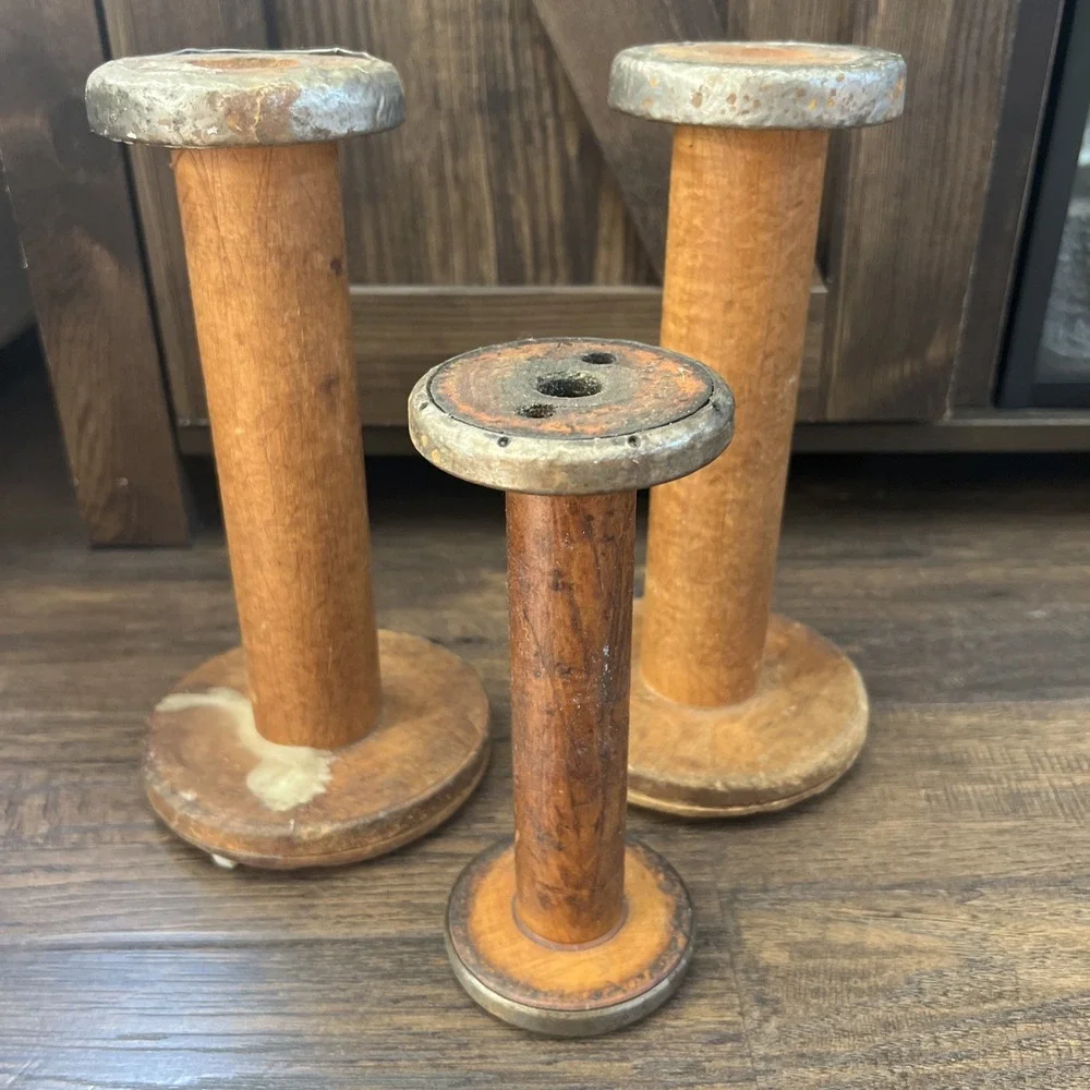 3-Vtg Wood Spool Candle Sticks Metal Accents Rustic Primitive Farmhouse Salvaged